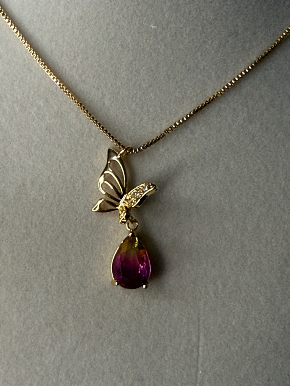 Gold Butterfly Pendant Necklace with Pink Teardrop Stone